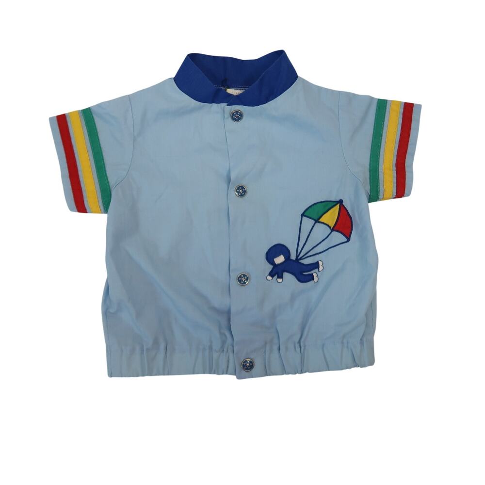 Vintage 80s Blue Snap Front Shirt Parachute Applique Baby Boy 12 Months